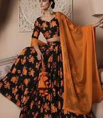 Orange Floral Print Crepe Lehenga Set