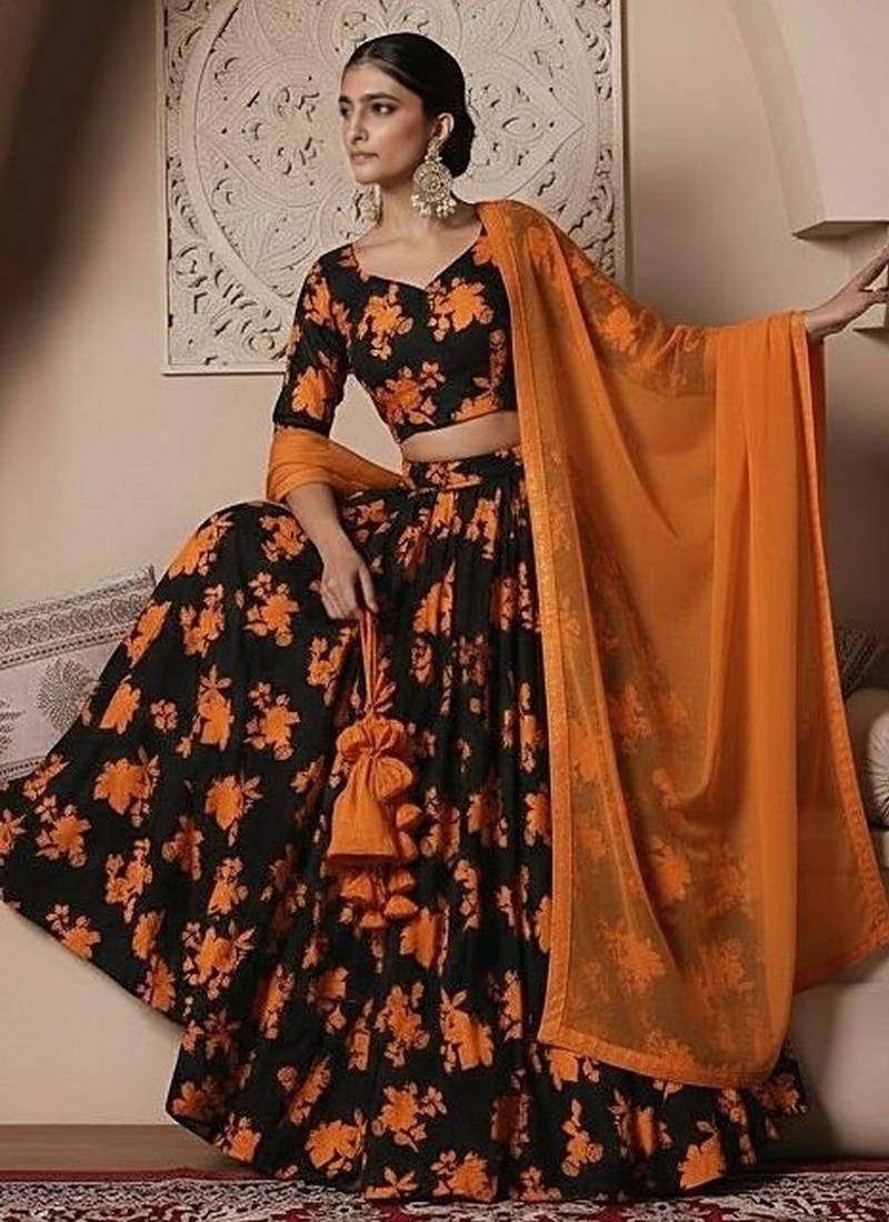 Orange Floral Print Crepe Lehenga Set