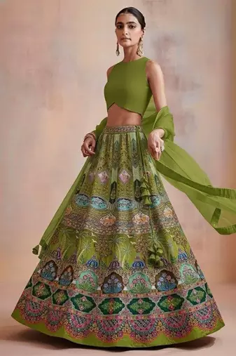 Green Embroidered Crepe Lehenga Set