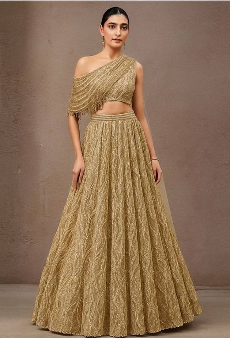 Golden Embroidered Net Lehenga Set