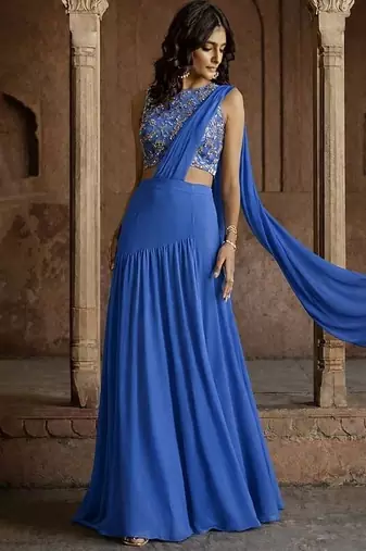 Royal Blue Embroidered Georgette Lehenga Set