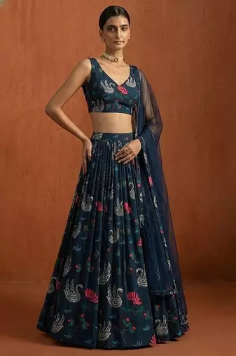 Navy Blue Figure Print Georgette Lehenga Set
