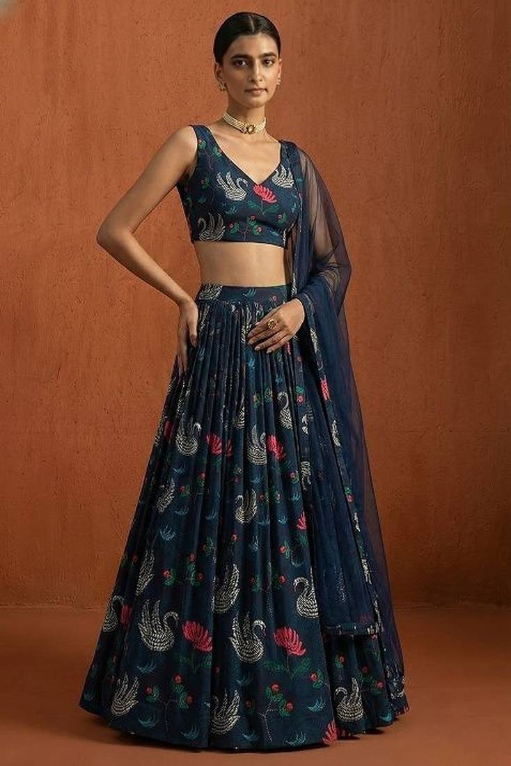Navy Blue Figure Print Georgette Lehenga Set