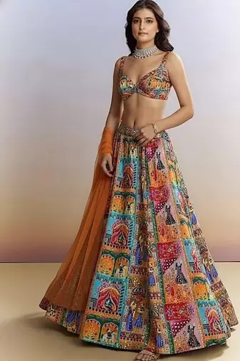 Orange Figure Print Chinon Lehenga Set