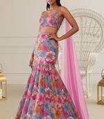 Pink Floral Print Crepe Lehenga Set