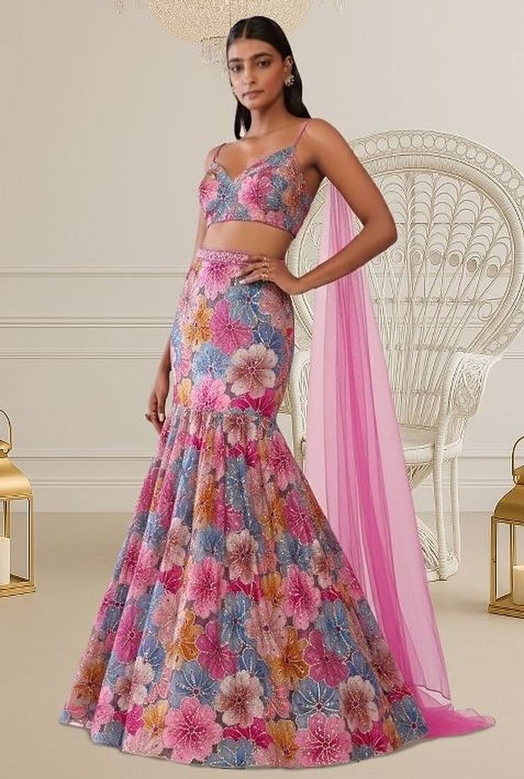 Pink Floral Print Crepe Lehenga Set