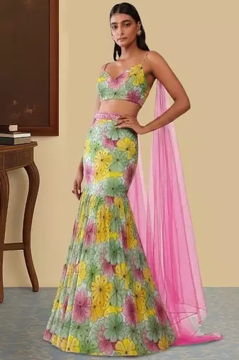 Mint Green Floral Print Crepe Lehenga Set