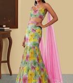 Mint Green Floral Print Crepe Lehenga Set