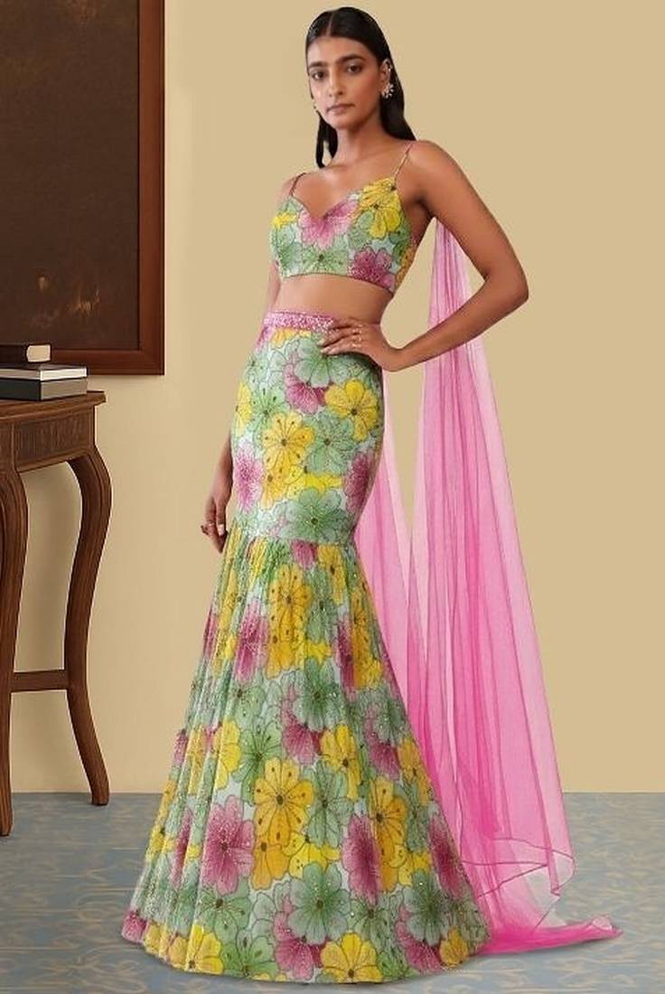 Mint Green Floral Print Crepe Lehenga Set