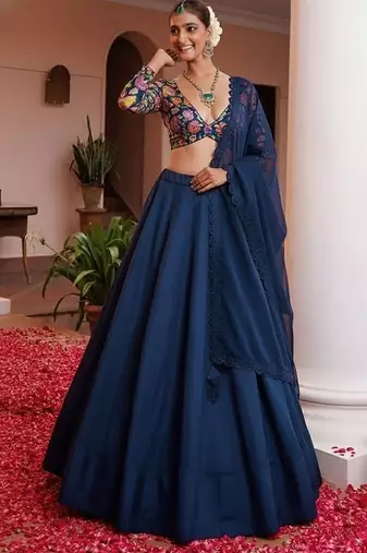 Midnight Blue Floral Print Crepe Lehenga Set