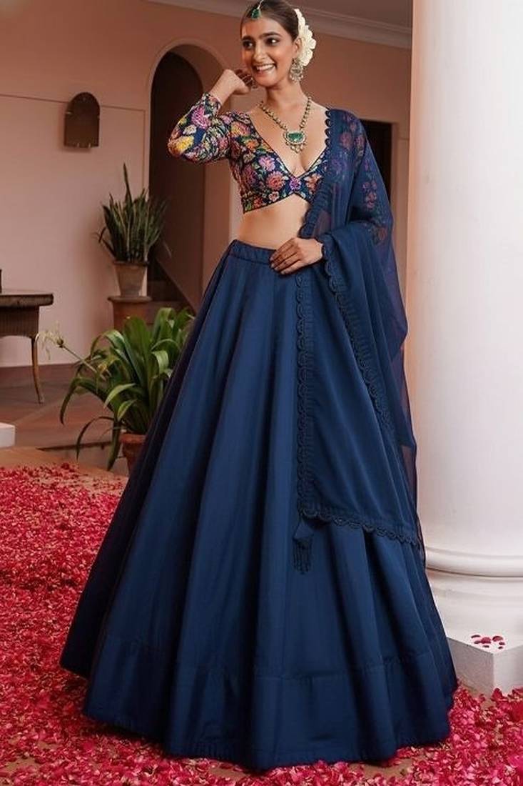 Midnight Blue Floral Print Crepe Lehenga Set