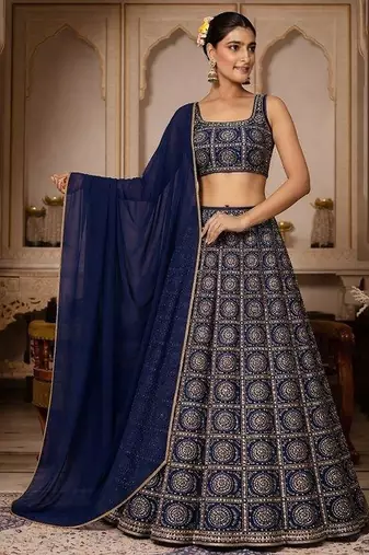 Navy Blue Bandhani Print Chinon Lehenga Set
