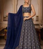 Navy Blue Bandhani Print Chinon Lehenga Set