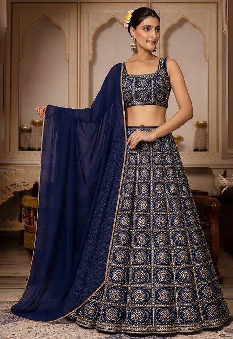 Navy Blue Bandhani Print Chinon Lehenga Set