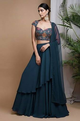 Navy Blue Crepe Solid Lehenga Set With Floral Embroidery Blouse