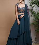 Navy Blue Crepe Solid Lehenga Set With Floral Embroidery Blouse