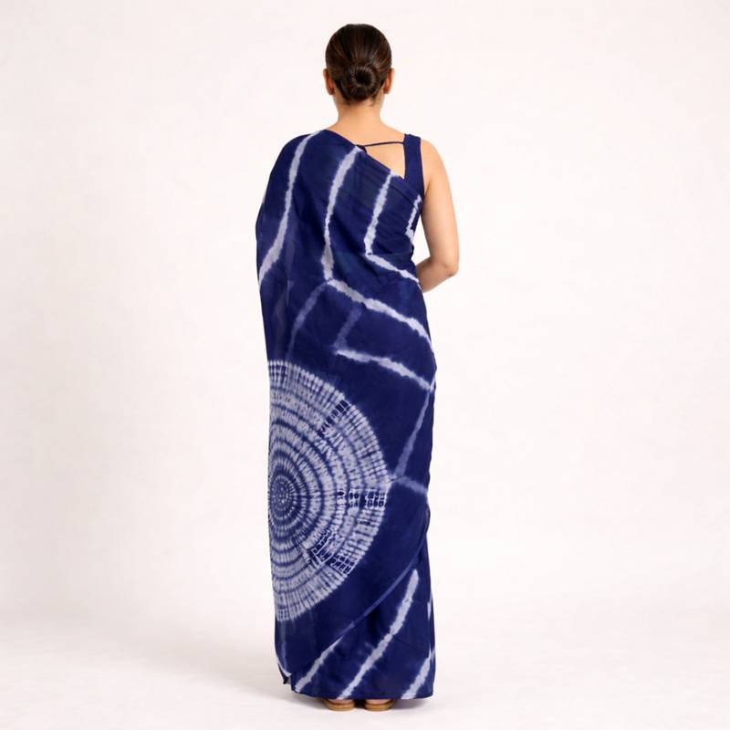 Navy blue printed art silk saree with blouse piece