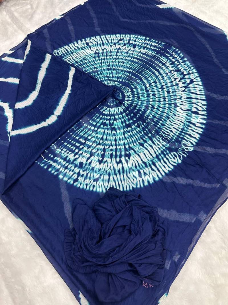 Navy blue printed art silk saree with blouse piece