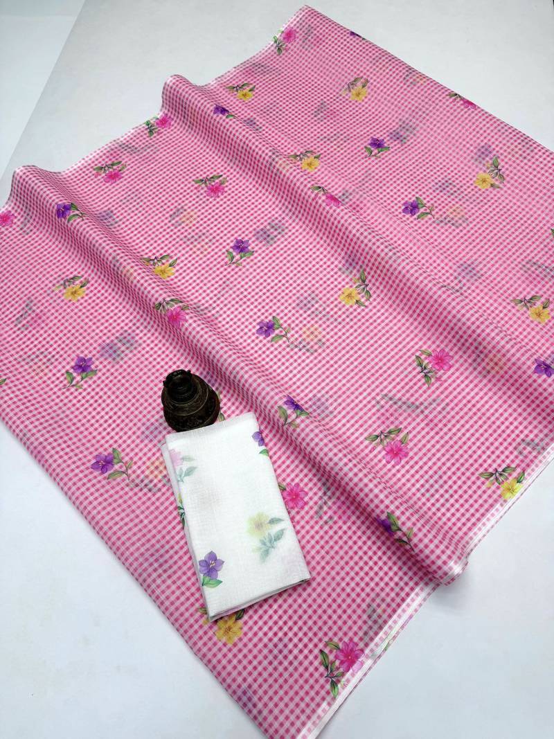 Pink woven linen saree with blouse piece