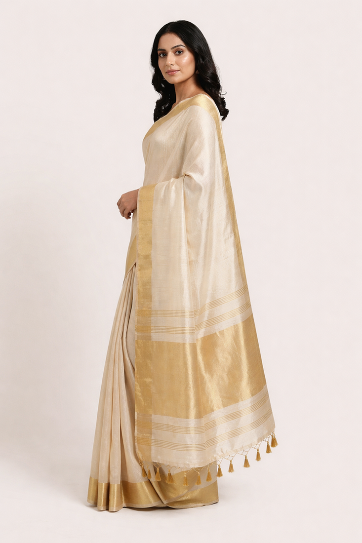 Beige woven cotton silk saree with blouse piece