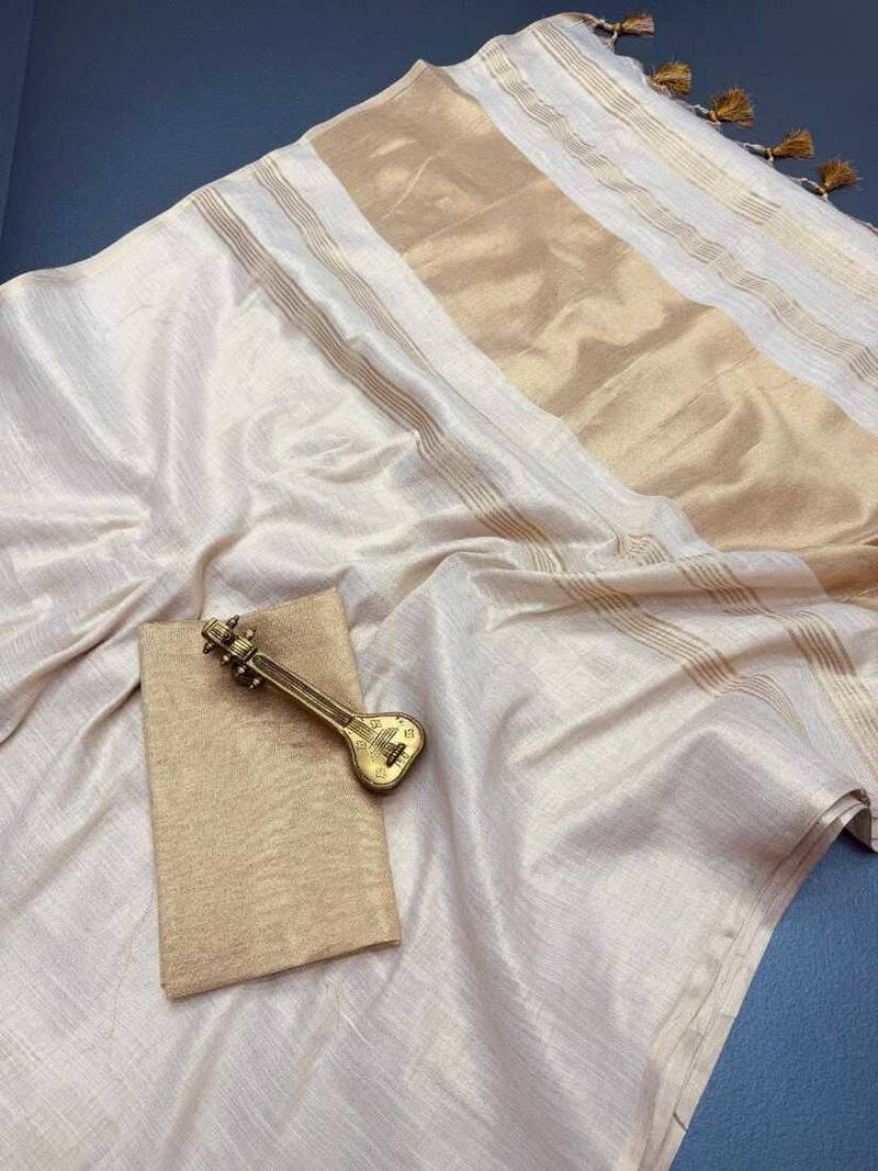 Beige woven cotton silk saree with blouse piece