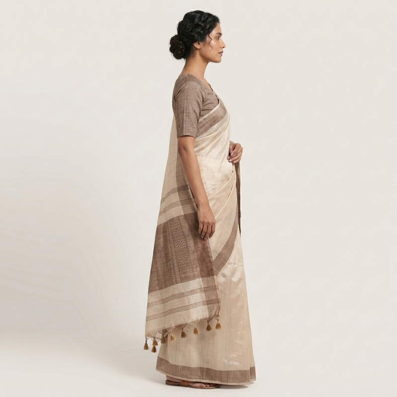 Brown woven cotton silk saree with blouse piece