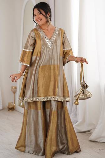 Gold tissue mirror and coding embroidery work kurta with pant and designer batwa