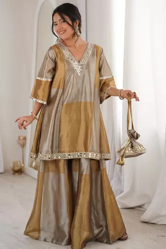 Gold tissue mirror and coding embroidery work kurta with pant and designer batwa
