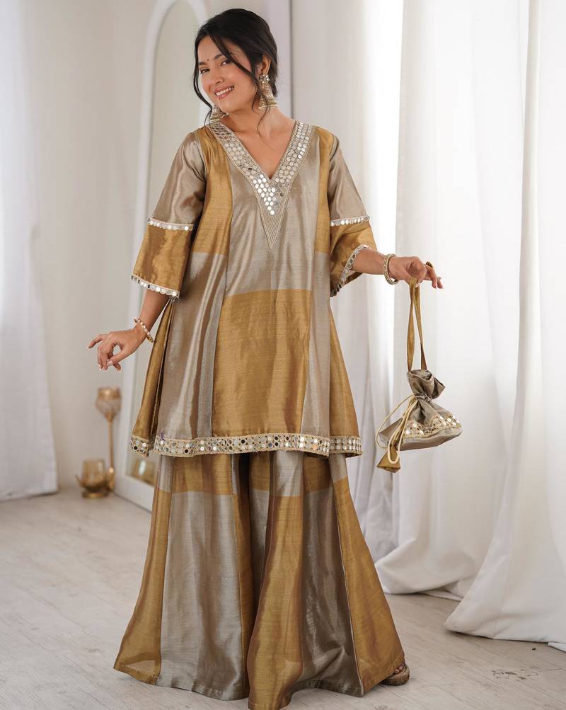 Gold tissue mirror and coding embroidery work kurta with pant and designer batwa