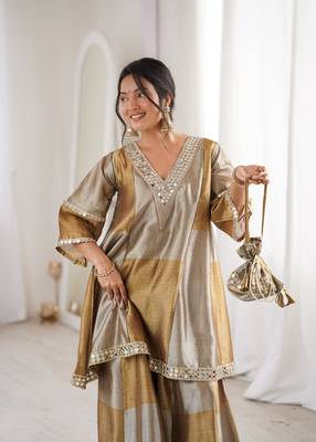 Gold tissue mirror and coding embroidery work kurta with pant and designer batwa 3