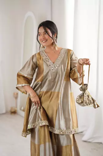 Gold tissue mirror and coding embroidery work kurta with pant and designer batwa