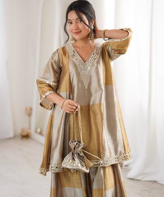 Gold tissue mirror and coding embroidery work kurta with pant and designer batwa 4