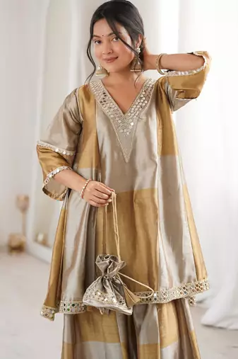 Gold tissue mirror and coding embroidery work kurta with pant and designer batwa