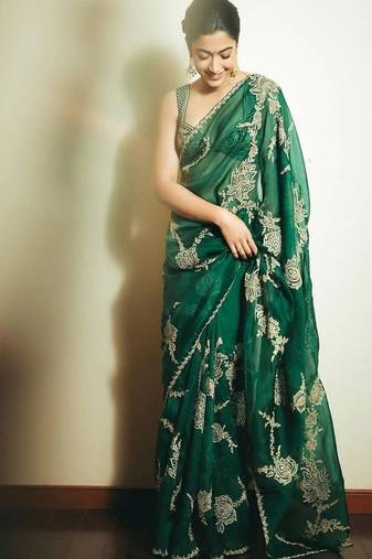 Designer green heavy embroidered threadwork oragnaza party wear saree with blouse