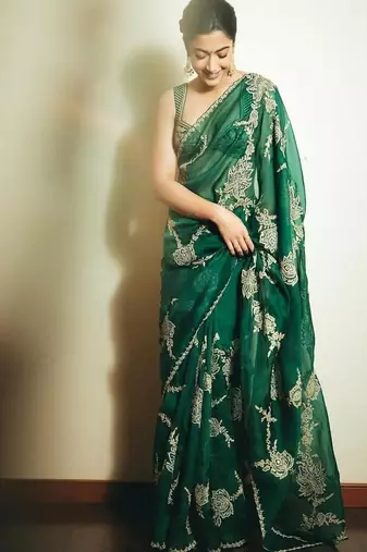 Designer green heavy embroidered threadwork oragnaza party wear saree with blouse