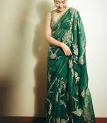 green heavy embroidered organza party wear saree