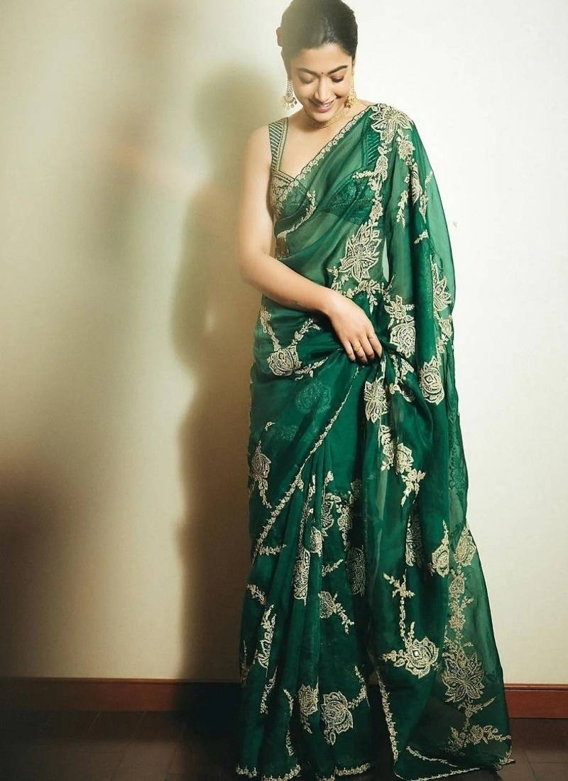Designer green heavy embroidered threadwork oragnaza party wear saree with blouse