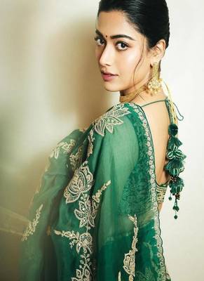 green heavy embroidered organza party wear saree 3
