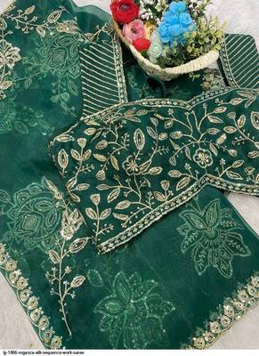 green heavy embroidered organza party wear saree 5