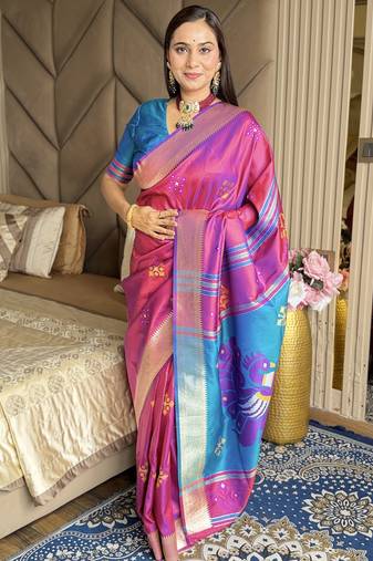 Pink woven zari buti & peacock pallu work silk blend fabric traditional festive style paithani style saree
