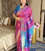 Pink woven zari buti & peacock pallu work silk blend fabric traditional festive style paithani style saree