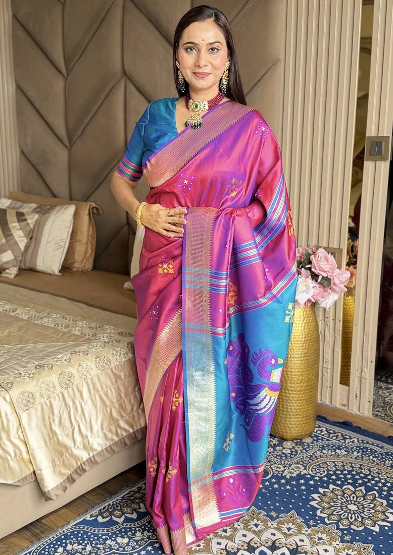 Pink woven zari buti & peacock pallu work silk blend fabric traditional festive style paithani style saree