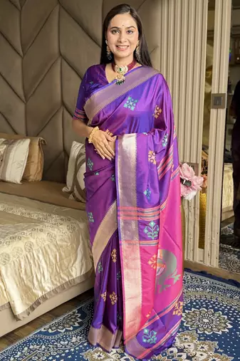 Purple woven zari buti & peacock pallu work silk blend fabric traditional festive style paithani style saree