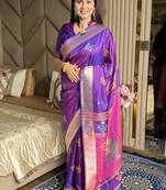 Purple woven zari buti & peacock pallu work silk blend fabric traditional festive style paithani style saree