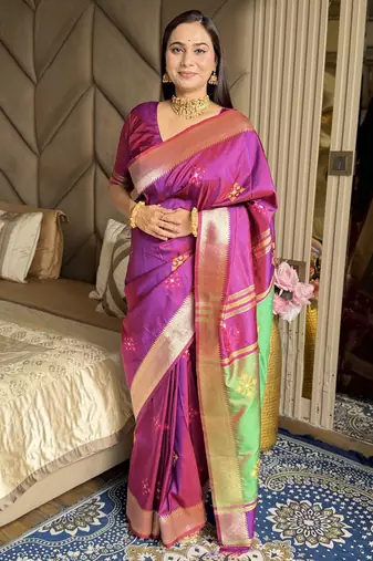 Magenta woven zari buti & peacock pallu work silk blend fabric traditional festive style paithani style saree