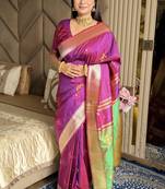 Magenta woven zari buti & peacock pallu work silk blend fabric traditional festive style paithani style saree