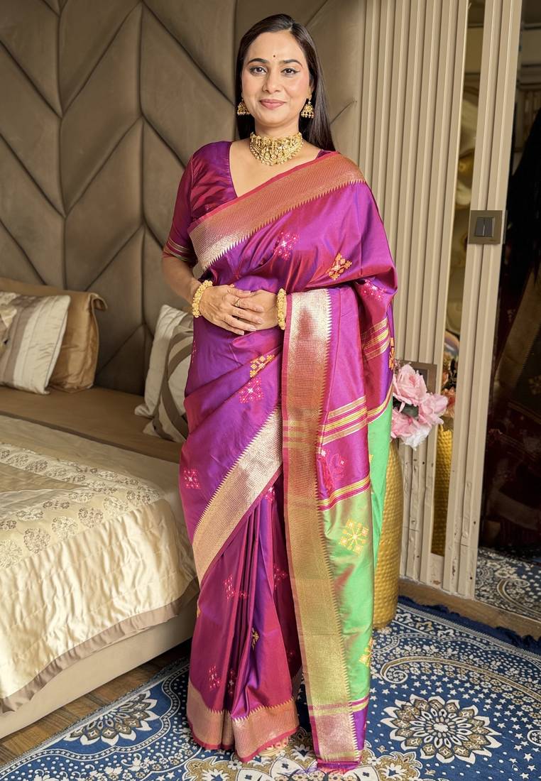 Magenta woven zari buti & peacock pallu work silk blend fabric traditional festive style paithani style saree