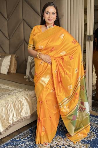 Mustard woven zari buti & peacock pallu work silk blend fabric traditional festive style paithani style saree