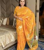 Mustard woven zari buti & peacock pallu work silk blend fabric traditional festive style paithani style saree