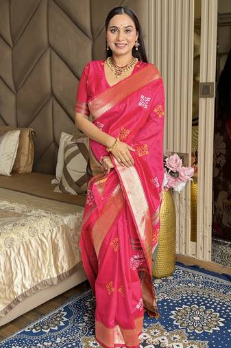 Hot pink woven zari buti & peacock pallu work silk blend fabric traditional festive style paithani style saree